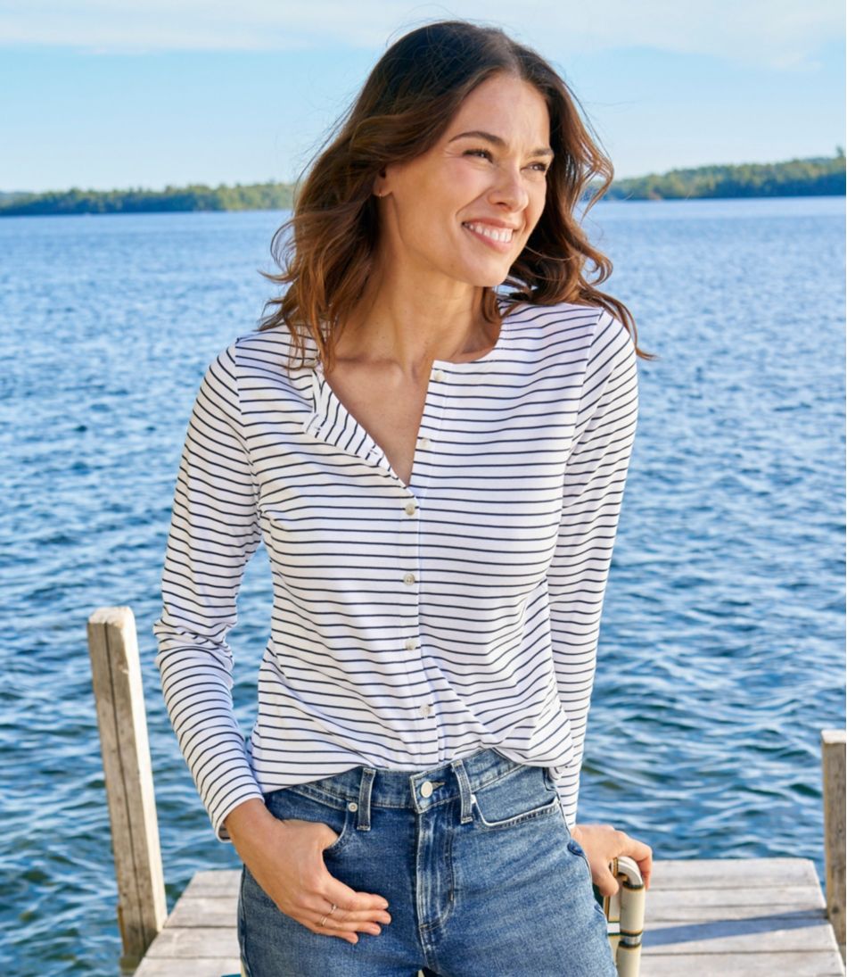 Women's Pima Cotton Tee, Long-Sleeve Crewneck Cardigan Stripe | L.L.Bean Classic