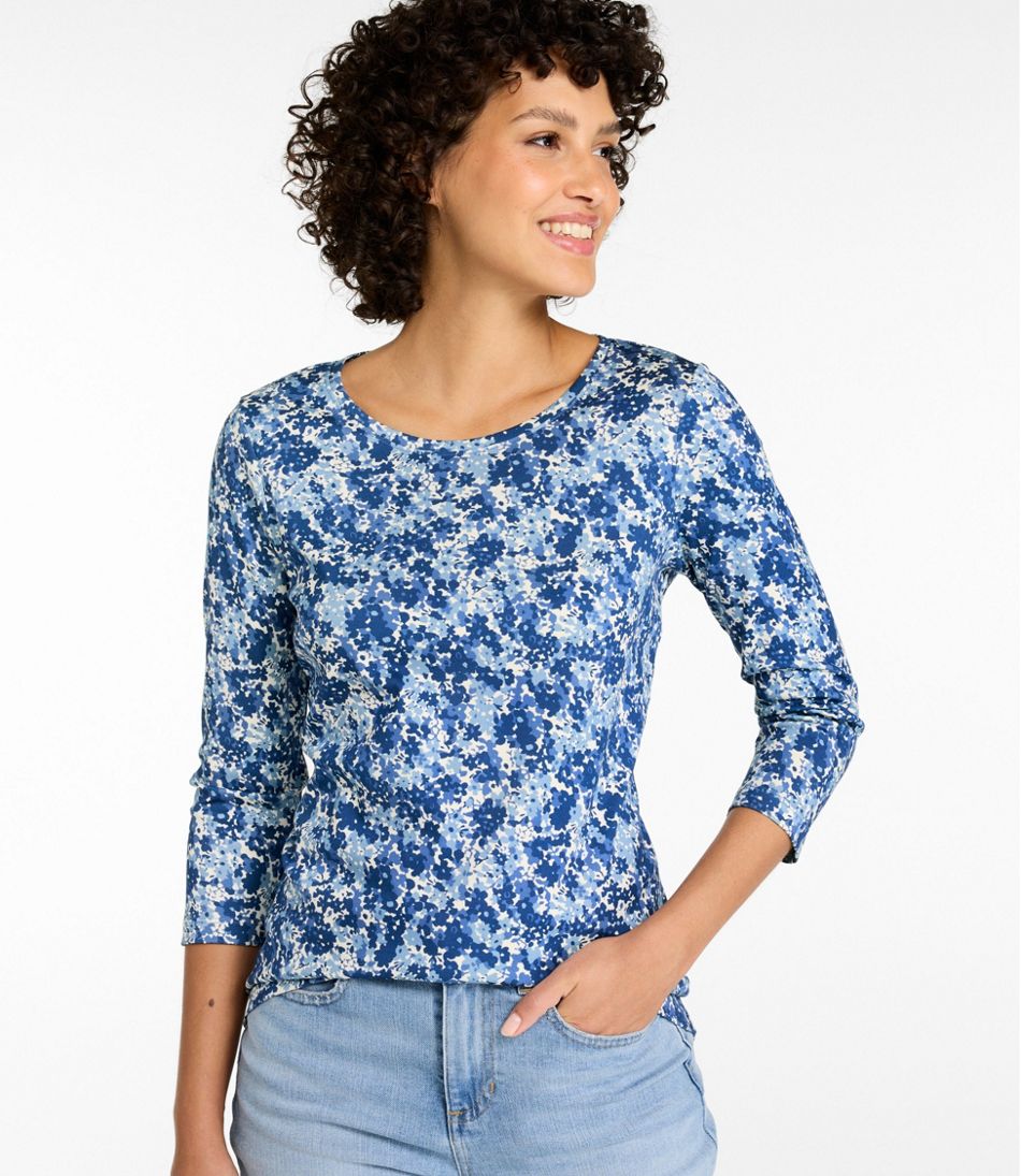 Women's Pima Cotton Shaped Jewelneck Tee, Three-Quarter-Sleeve Print | L.L.Bean Everyday