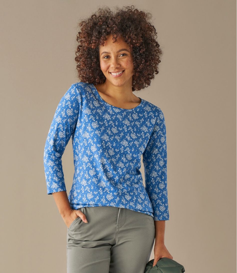 Women's Pima Cotton Shaped Jewelneck Tee, Three-Quarter-Sleeve Print | L.L.Bean Everyday