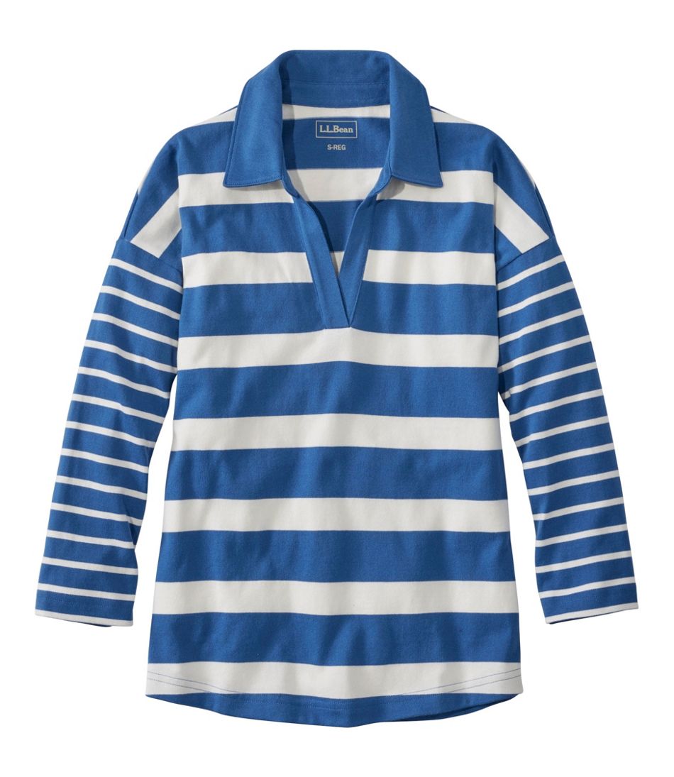 Women's Heritage Mariner Top, Splitneck Polo Three-Quarter-Sleeve, Block Stripe | L.L.Bean Popular