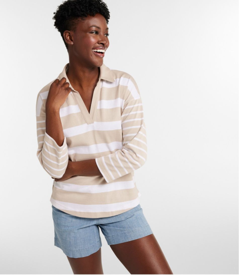 Women's Heritage Mariner Top, Splitneck Polo Three-Quarter-Sleeve, Block Stripe | L.L.Bean Popular