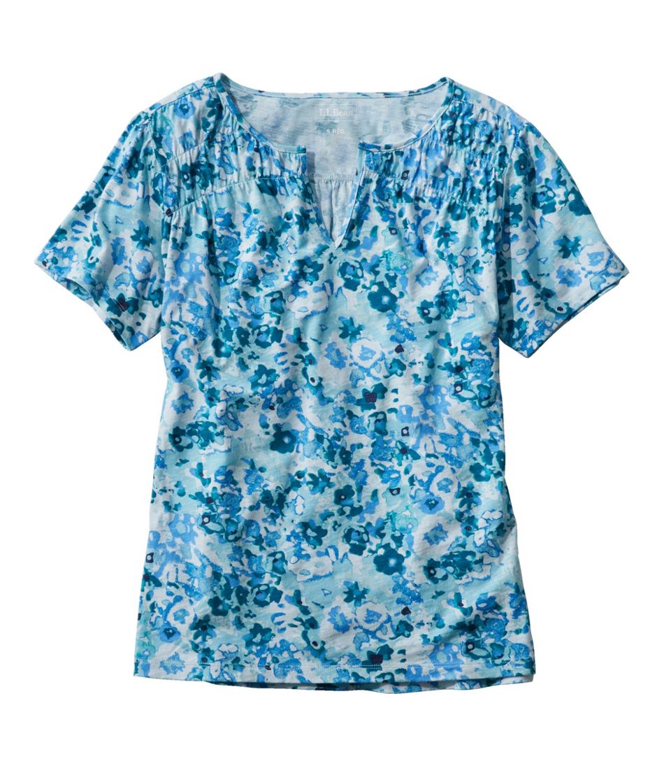 Women's Organic Cotton Tee, Smocked Notch-Neck Short-Sleeve Print | L.L.Bean Signature