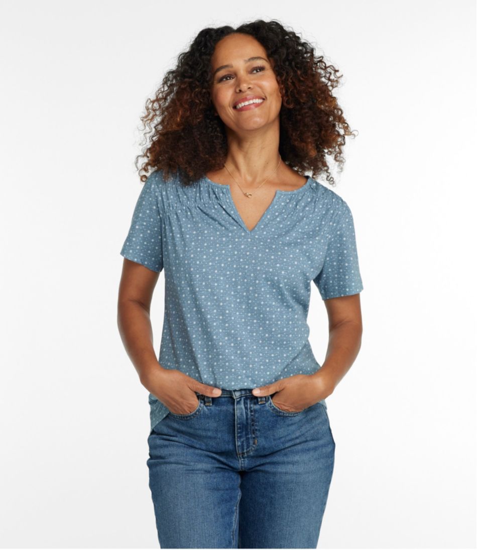 Women's Organic Cotton Tee, Smocked Notch-Neck Short-Sleeve Print | L.L.Bean Signature