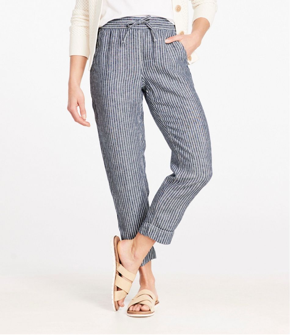 Women's Premium Linen Pull-On Ankle Pants, Mid-Rise Tapered-Leg Stripe | L.L.Bean Best Seller