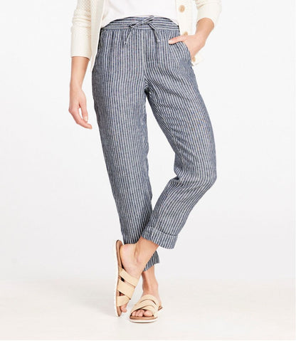 Women's Premium Linen Pull-On Ankle Pants, Mid-Rise Tapered-Leg Stripe | L.L.Bean Best Seller