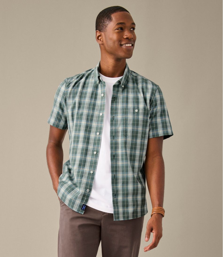 Men's Comfort Stretch® Chambray Shirt, Slightly Fitted Untucked Fit, Short-Sleeve, Plaid | L.L.Bean Great Value
