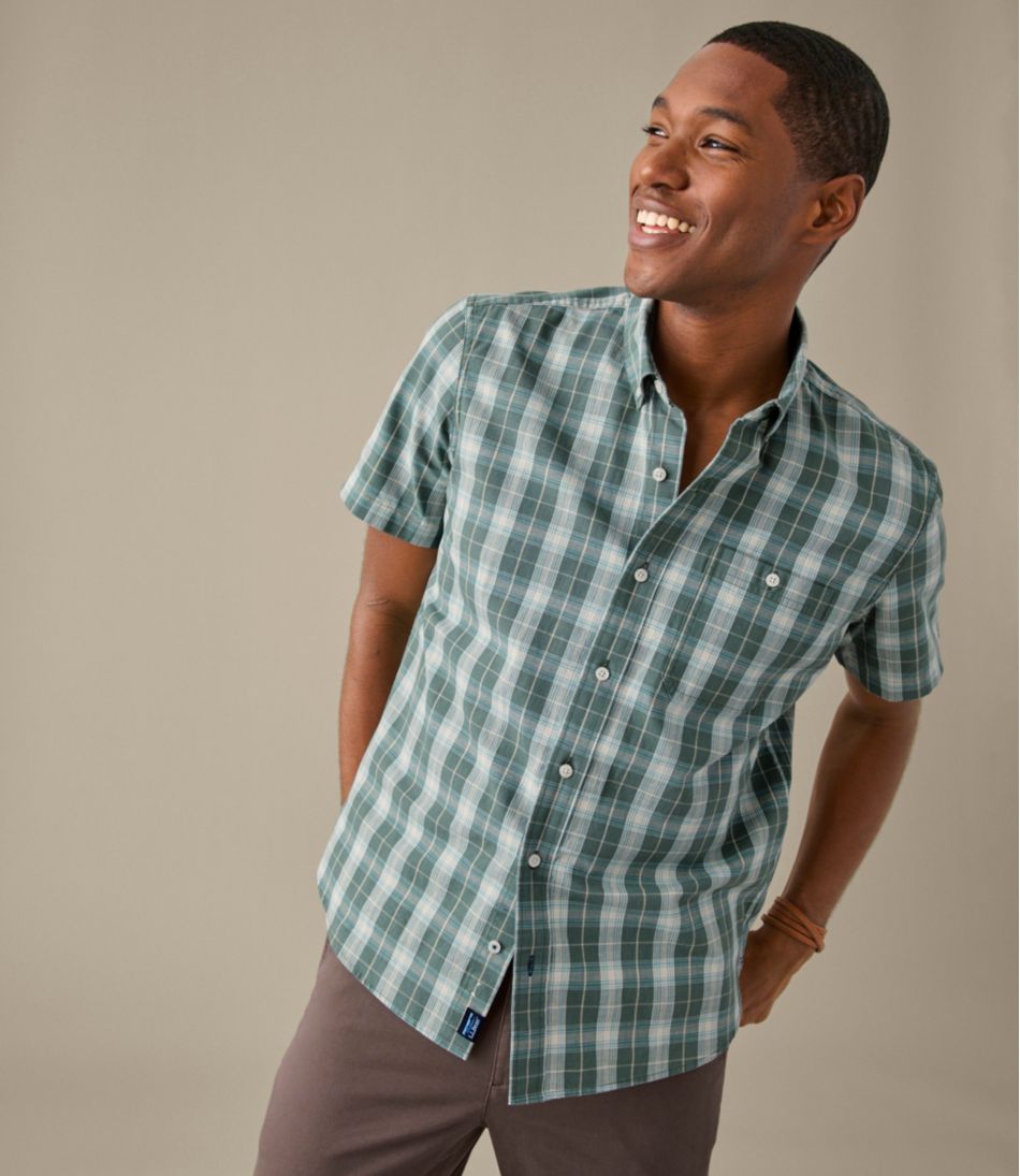 Men's Comfort Stretch® Chambray Shirt, Slightly Fitted Untucked Fit, Short-Sleeve, Plaid | L.L.Bean Great Value